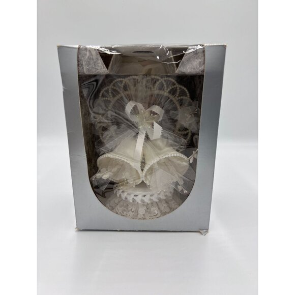 Vintage Ivory Lace Heart Shaped with Wedding Bells Tulle Flowers Cake Topper - Picture 12 of 13